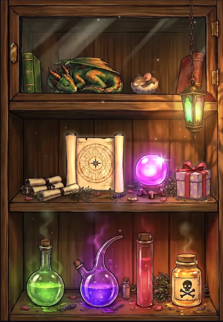The Apothecary shelves of potions, scrolls and a sleeping dragon