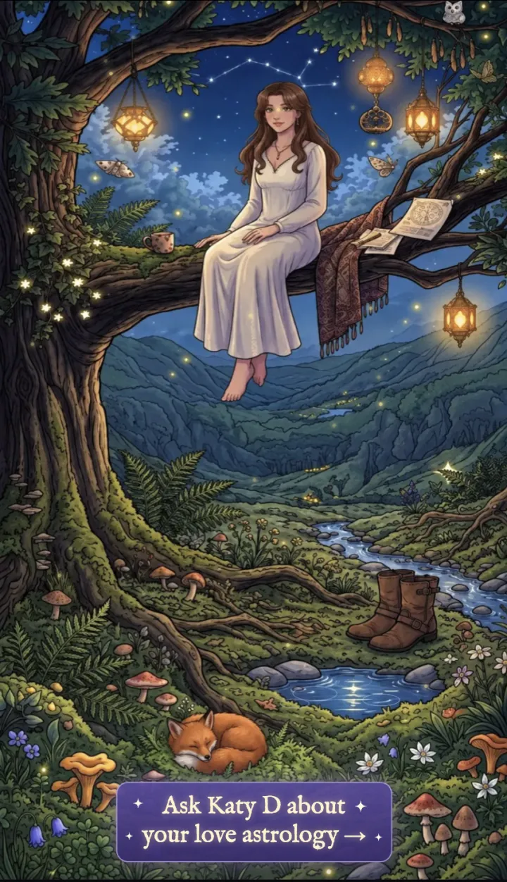 Katy D sitting in a tree in the star garden, where you can ask about your love astrology