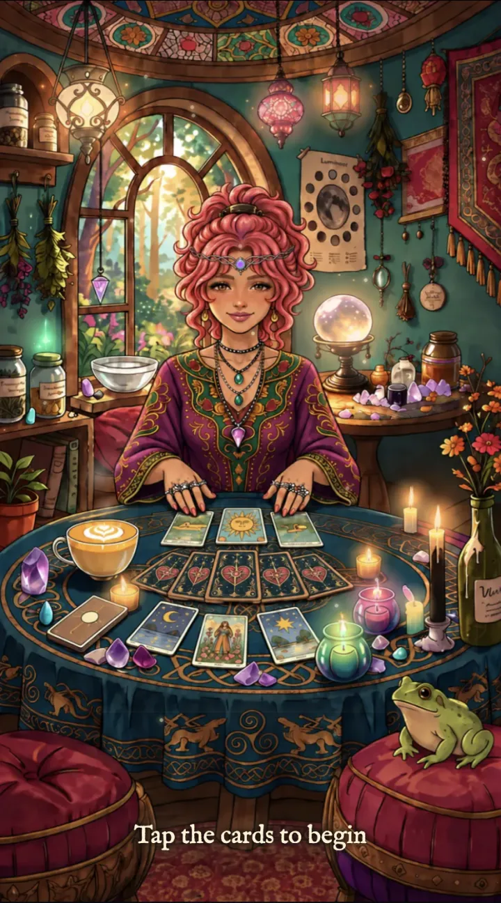 StormJewel at her table in the tarot room of The Love Queen's free AI psychic reading house