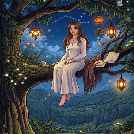 Katy sitting in a tree beneath lanterns and a starry sky