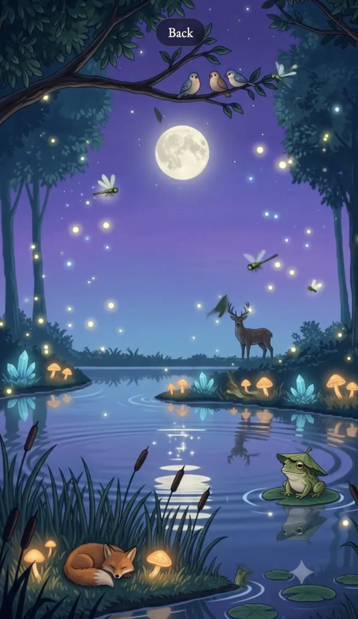 The Moon Room, a moonlit lake with a deer, a fox and a frog