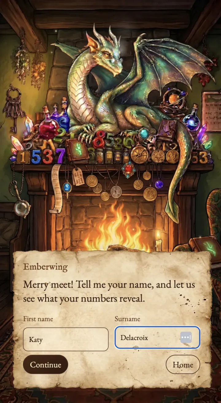 Emberwing the dragon by the fire in his numerology library