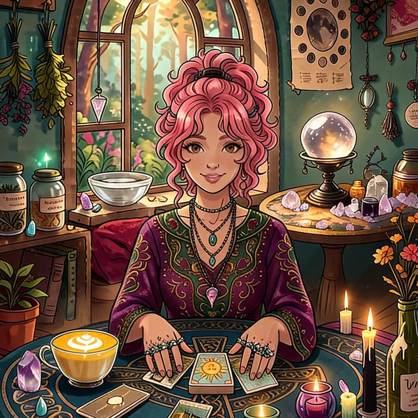 StormJewel reading tarot cards at her table