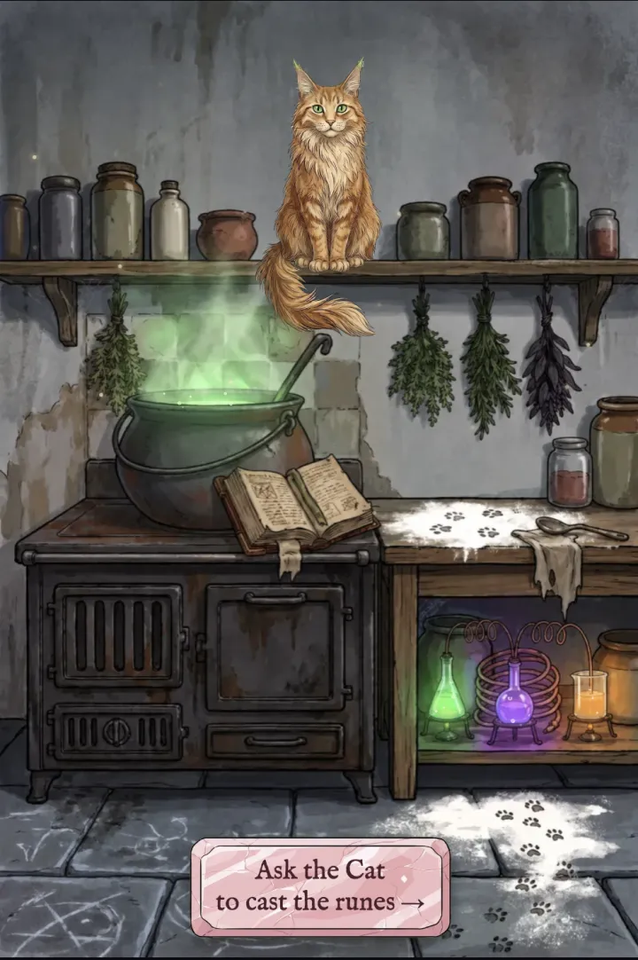 The Cat sitting on the shelf above her cauldron in the rune reading kitchen