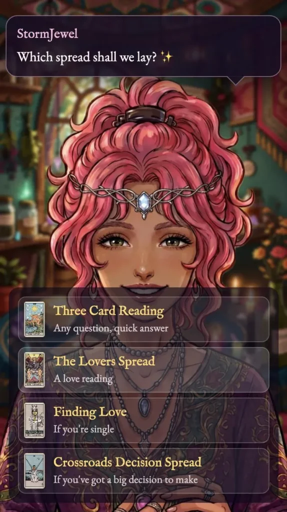StormJewel asks which tarot spread to lay, with four choices: Three Card Reading, The Lovers Spread, Finding Love and Crossroads Decision Spread