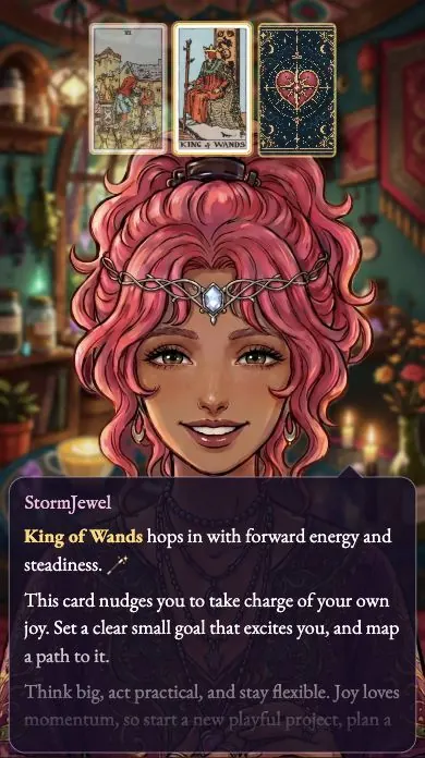 StormJewel giving a free AI tarot reading with the King of Wands