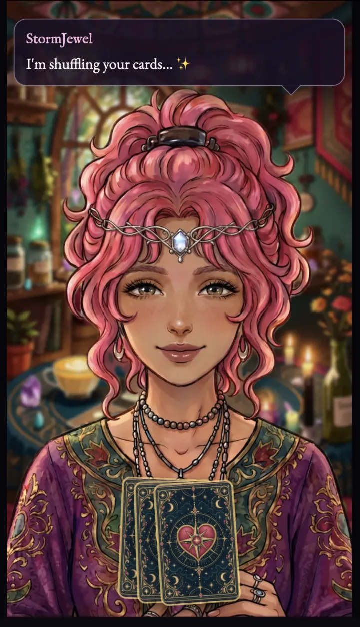 StormJewel shuffling the cards for an AI tarot reading