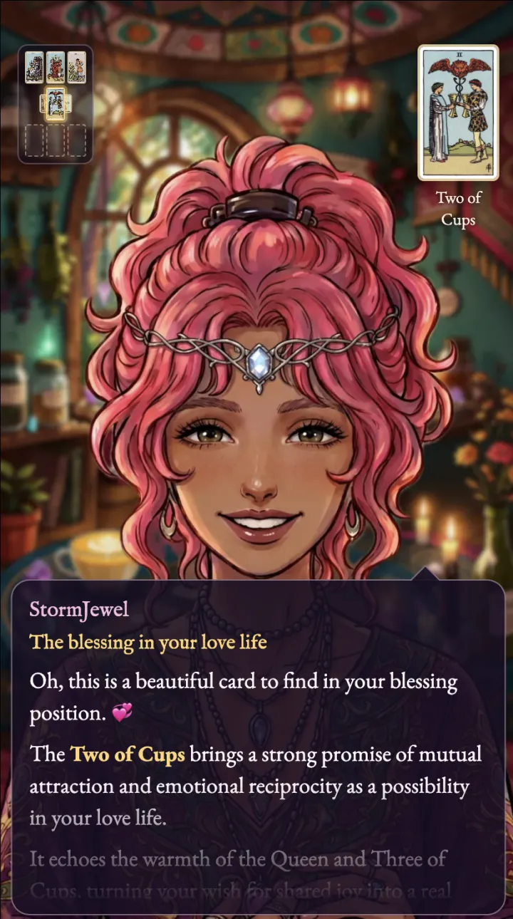 StormJewel smiling as she reads the Two of Cups in a free AI tarot reading